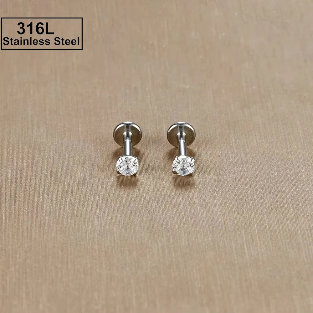 2PC Labret Tragus Stud Earrings 16G Surgical Stainless Steel CZ Crystal Monroe Helix Cartialge Conch Medusa Lip Body Piercing