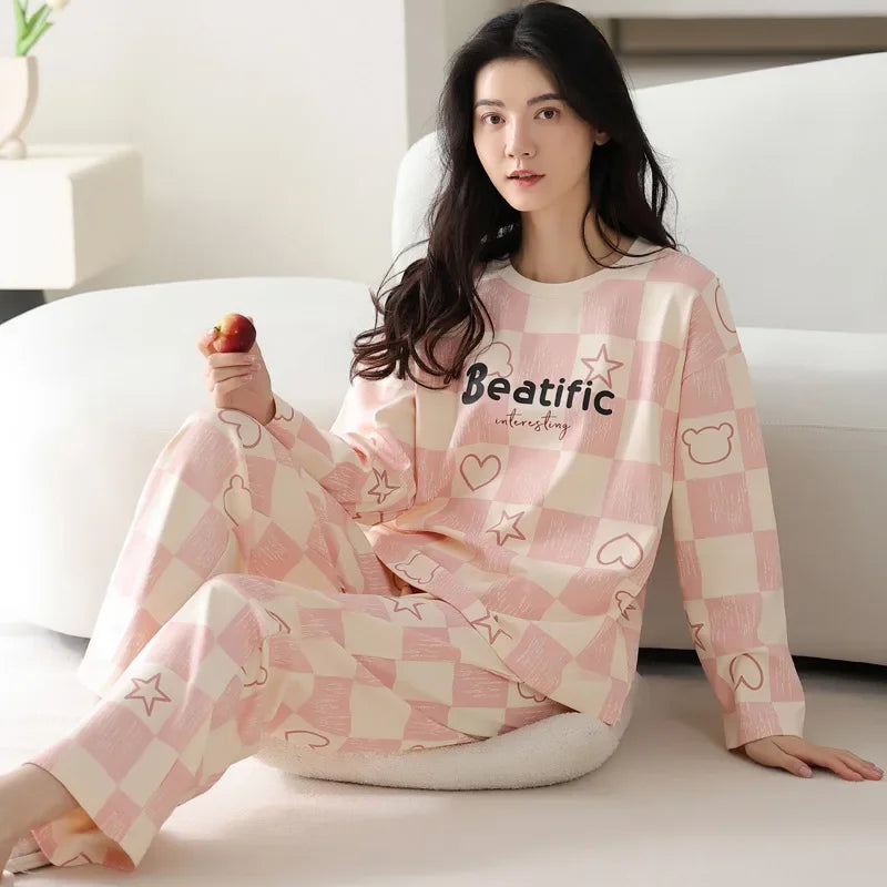 2PCS/Set Ladies Four Seasons Pajamas Long Sleeves Cartoon Casual Student Homewear Girl Giraffe Cute Print Women Sleepwear