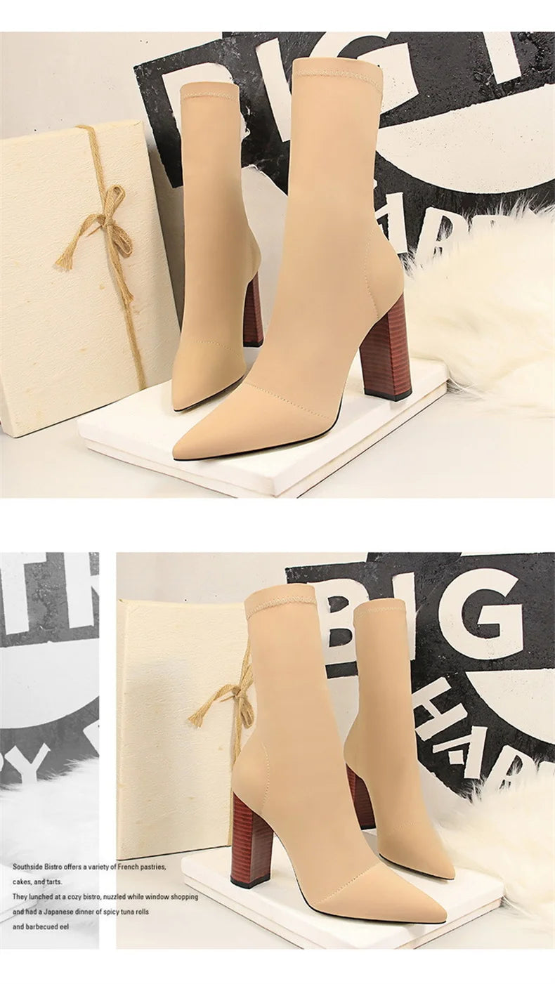 Mid-Calf Boots 2024 New Women Stretch Sock Boots Chunky Block Heels High Heels Silk Shoes Solid Color Short Boots Autumn 3129-3
