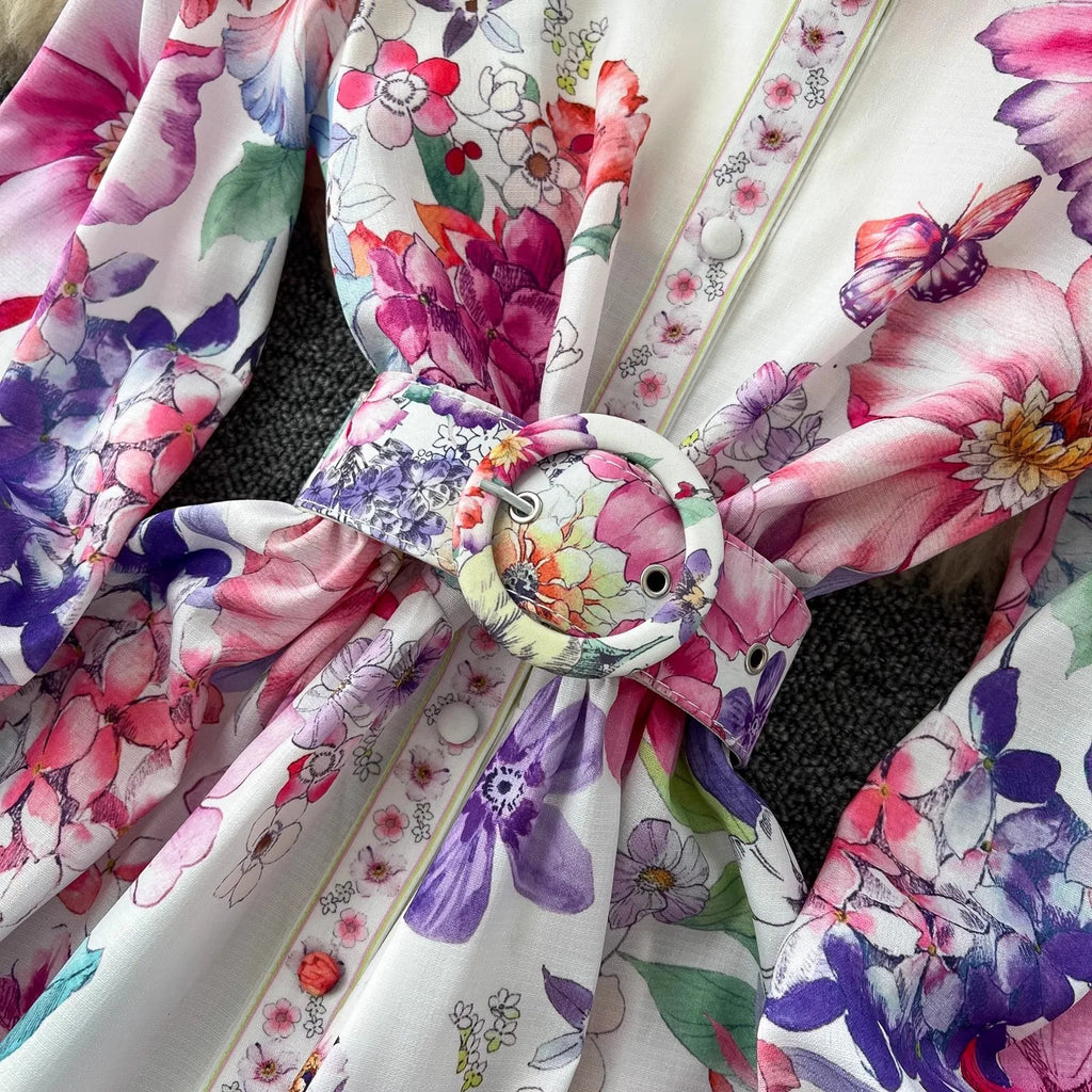 Runway 2025 Spring Summer Floral Print Long Shirt Dress Women's Turtleneck Lantern Sleeve Print Belt Casual Holiday Dress Female