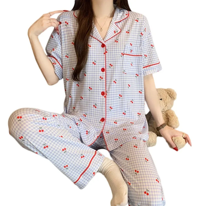 Sweet Cute Cherry Print Pajamas Women 2 Piece Set Soft Loungewear Summer Casual Short Sleeve Pajamas Set Korean Fashion Homewear