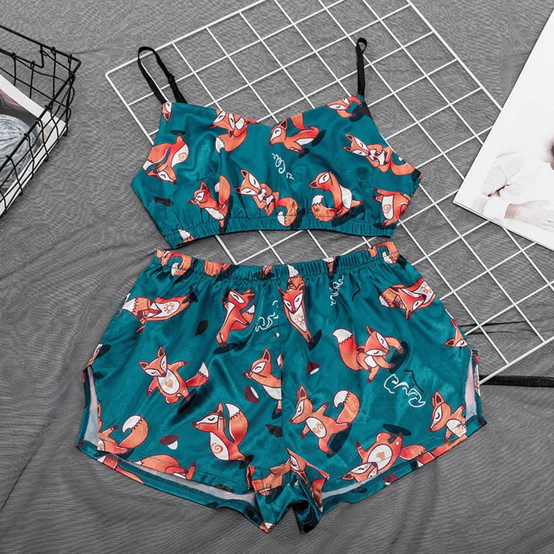 Cute Summer 2 Piece Set Women's Sexy Sleepwear Casual Satin Pajamas Female Cartoon Print Sleeveless Nightwear Homewear