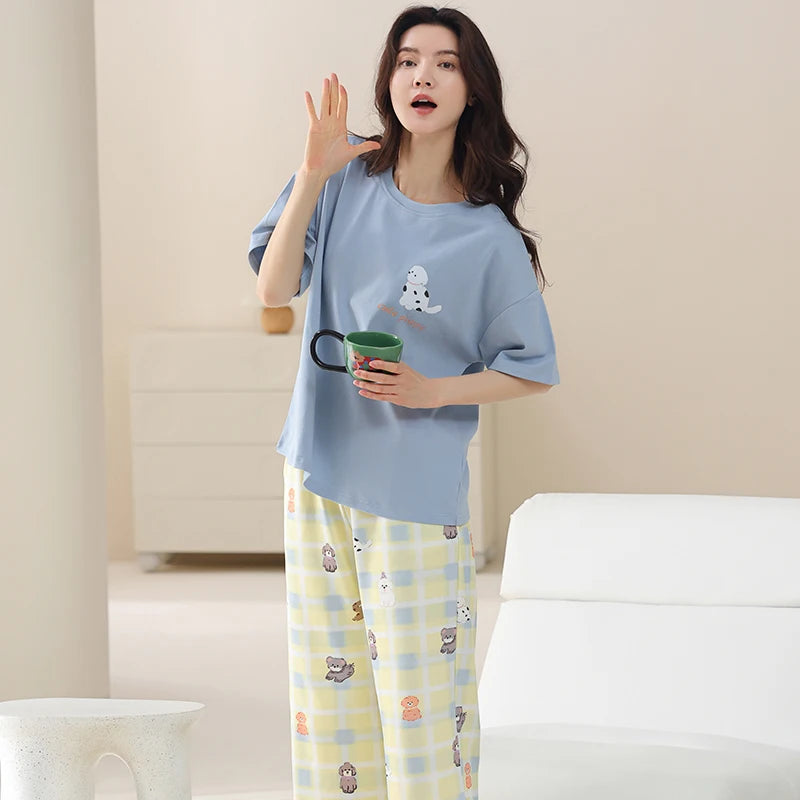 MiiOW 2Pcs Summer Women's Pajamas Set Cotton Short Sleeve Woman Homewear Cute Pink Patchwork Print Girls Pajamas Woman Sleepwear