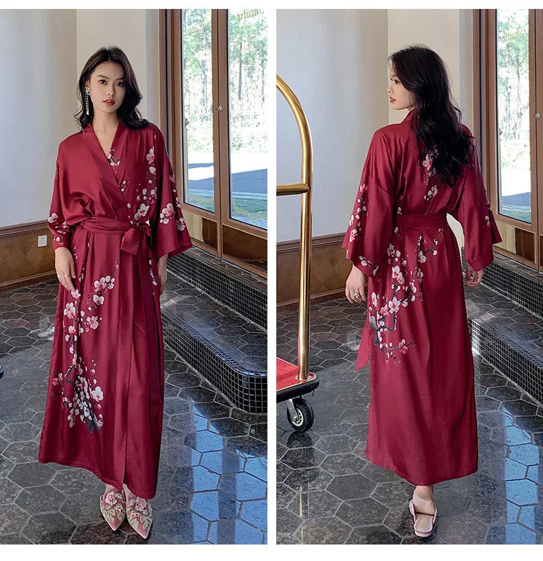 New Spring Summer Female Long Robe Nightgown Sexy Print Flower Kimono Bathrobe Gown Casual Silk Satin Home Dress Lounge Wear