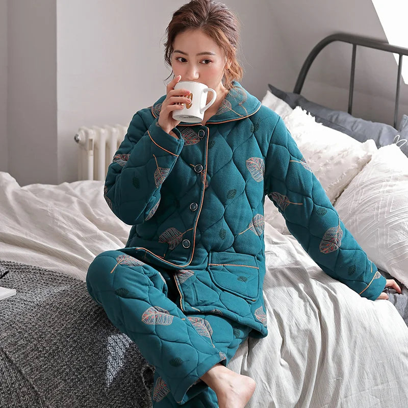 Winter three layer thick keep warm quilted jacket women's pajamas floral pijamas inverno M-XXXL sleepwear