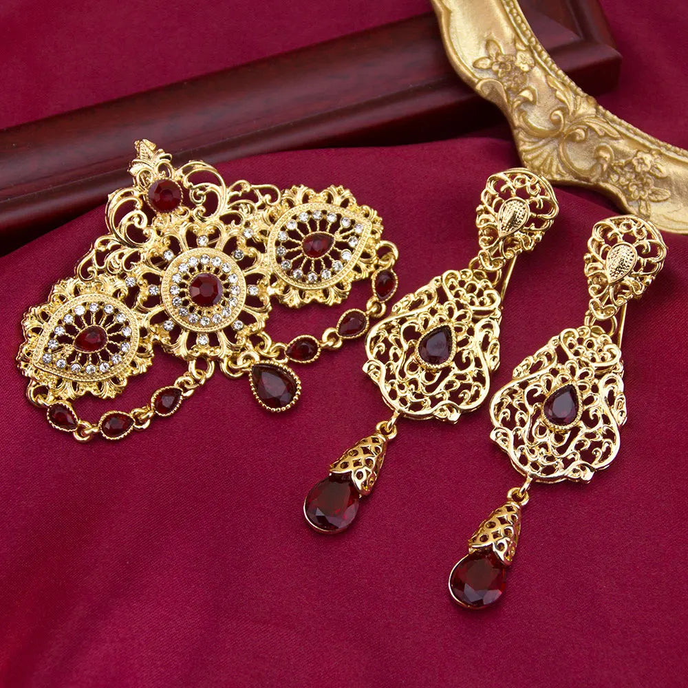 Sunspicems Gold Color Moroccan Jewelry Caftan Brooch Earring Sets For Women Chic Arabic Bridal Ethnic Wedding Bijoux Party Jewel