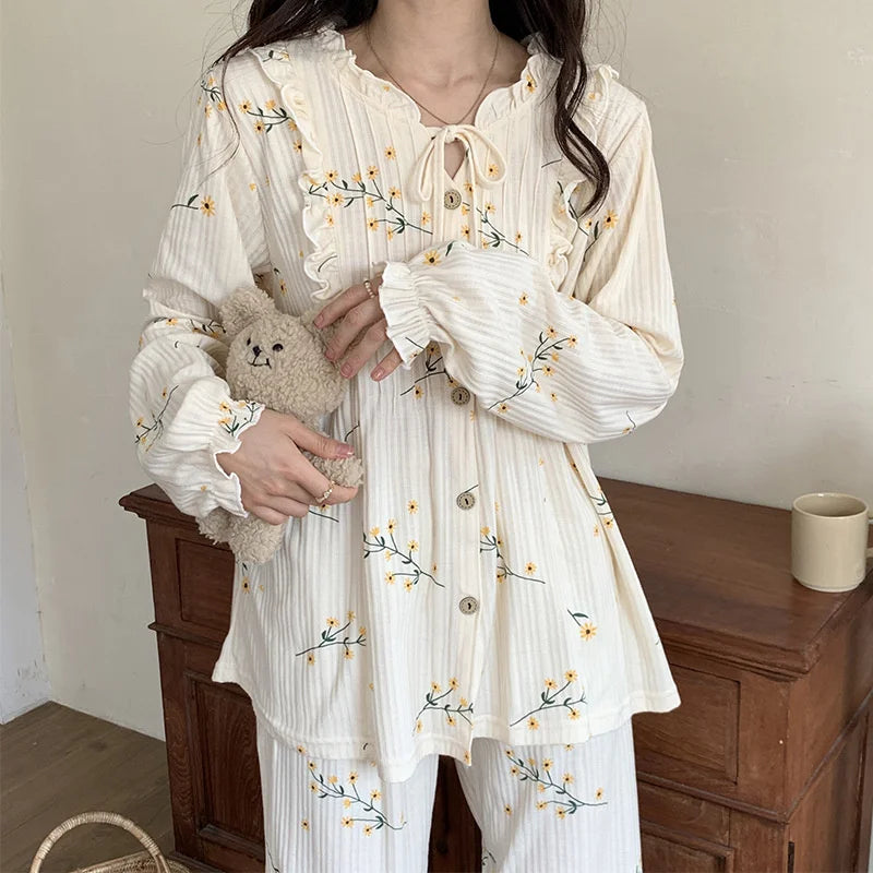 Cotton Women's Pajamas Set Floral Printed Long Sleeve Sleepwear Home Clothes Casual Ladies Nightwear Sleeping Pyjamas Suit