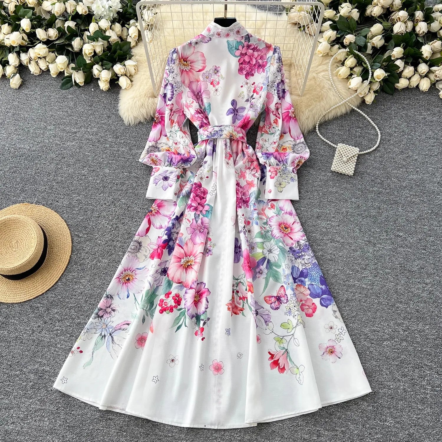 Runway 2025 Spring Summer Floral Print Long Shirt Dress Women's Turtleneck Lantern Sleeve Print Belt Casual Holiday Dress Female