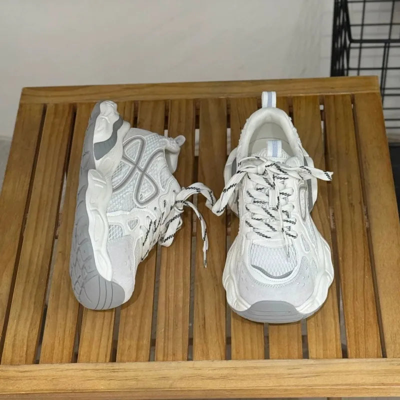 Spliced Mesh Lace-Up Sneakers Fashion Round Toe Deep Mouth Soft Sole Non-Slip Low Top Single