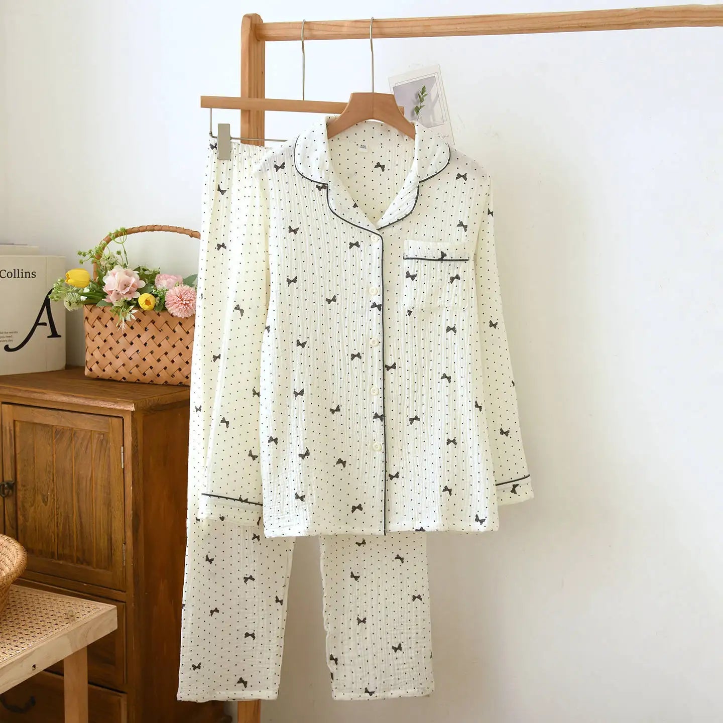 New large size pajamas women cotton crepe home service cotton long sleeve trousers suit simple and comfortable summer and autumn