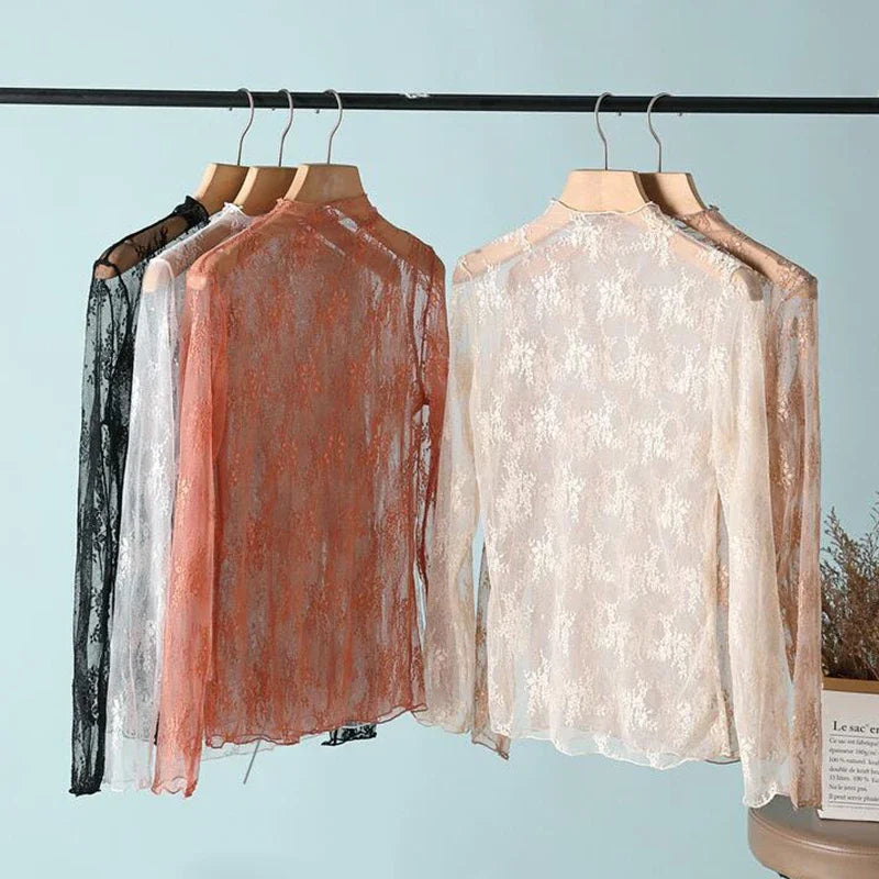 Sexy Floral Lace and Mesh Ruffle Nightgown Woman Sleep Tops Nightie Turtleneck Mesh Layering Top Y2k Floral Tee Shirts Blouse