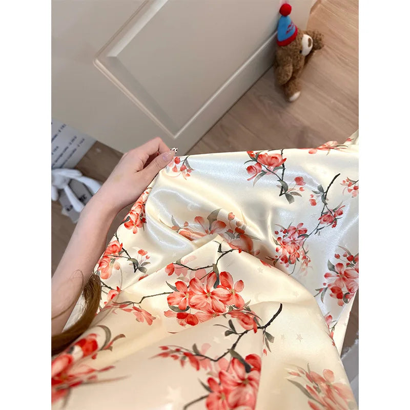 Ice Silk Satin Pajamas Women's Korean Summer Nightgown with Chest Pads Sweet Lace Ruffle Sleeved Long Dress Floral Loungewear