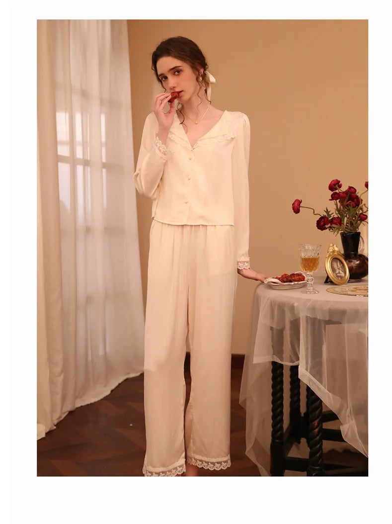 Two Piece Pajamas Set Women Satin Nightwear Home Clothes Spring Autumn Long Sleeve Shirt&pants Sleepwear Suit