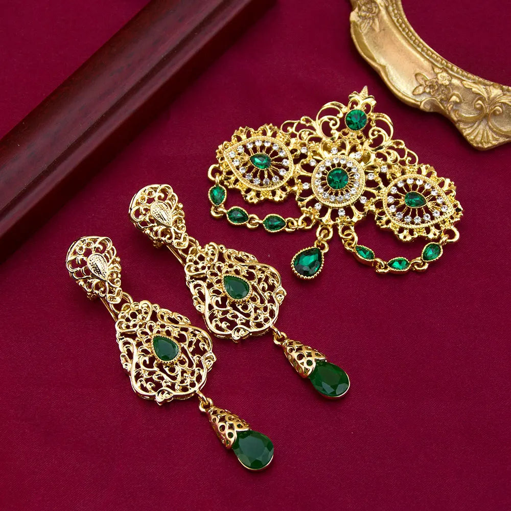 Sunspicems Gold Color Moroccan Jewelry Caftan Brooch Earring Sets For Women Chic Arabic Bridal Ethnic Wedding Bijoux Party Jewel
