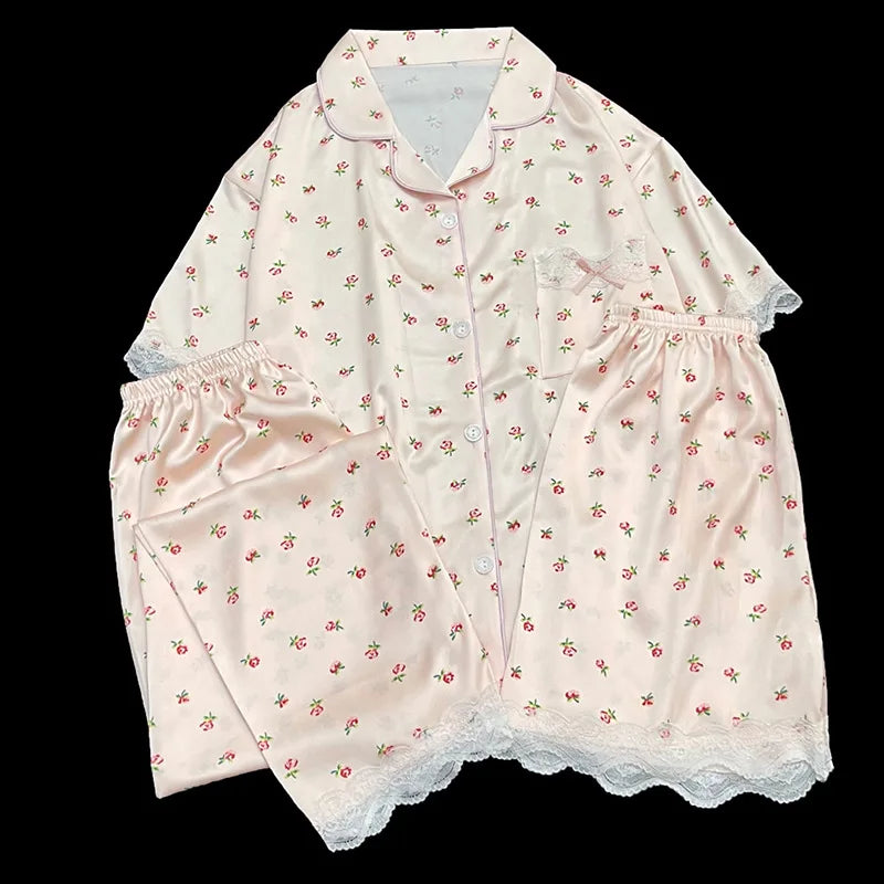 Sweet Floral Ins-Style Ice Silk Pure Desire Girl Pajamas Short-Sleeve Three-Piece Set Summer Satin Lace-Trimmed Loungewear