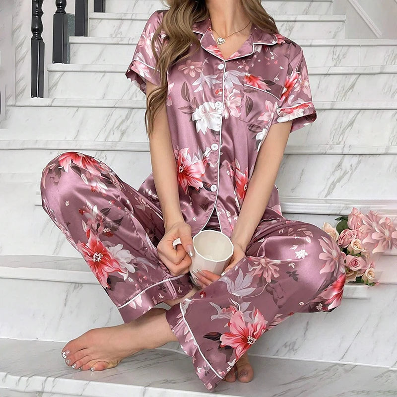 Women Pajamas Sets Spring Short Sleeve Satin Button-Down Top with Pants 2 Piece Pajama Set Sleepwear Pj Set Homewear Loungewear