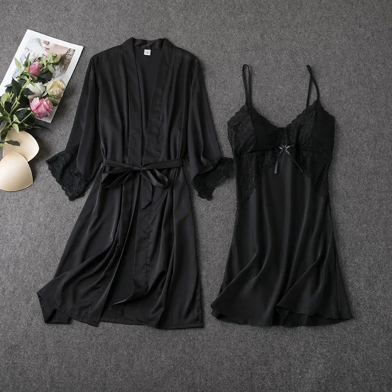 2PCS Pajamas Set White Women V-Neck Sleepwear M-XL Lace Kimono Sexy Nightshirts Flower Nightwear Robe Gown Sleep Suit Nightgown