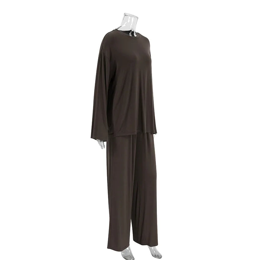 New 2026 Brown Loose Female Sleepwear Suit O-Neck Nightgowns Long Sleeve Nightwear Wide Leg Pants Women's Pajamas 2 Piece Set