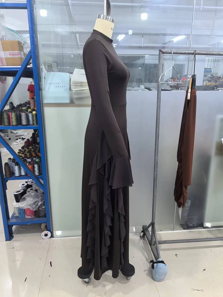 2025 European and American Women's Elegant Casual High-Waisted Solid-Colour Bell-Sleeve Dress Long Dress with Long Sleeves