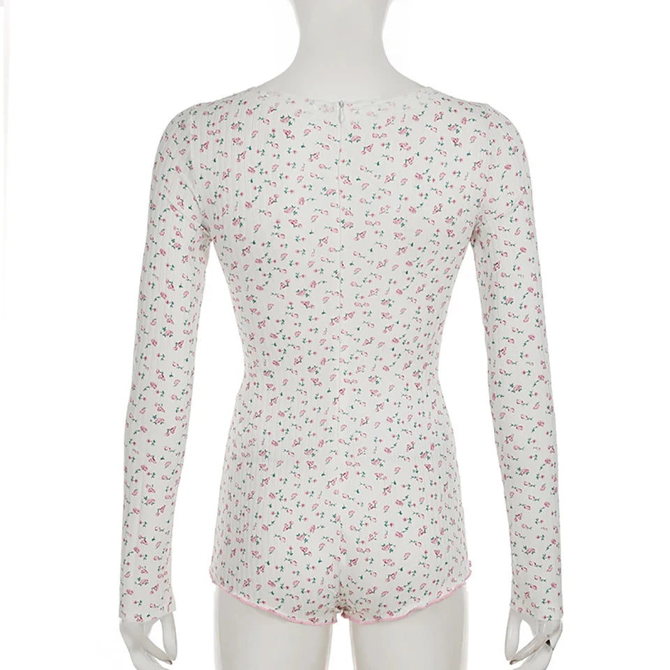 Floral Print V-neck Lace Trim Jumpsuit Knitted Long Sleeve Cute Aesthetic Y2K Bodysuit Rompers Homewear Women Casual Nightgowns