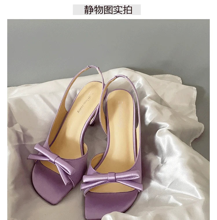 Lilac Purple Women's Fashion Sandals Backless Knot Toe Exposure Silk Satin High Heels Elegant Lady Style Shoes Increased Height