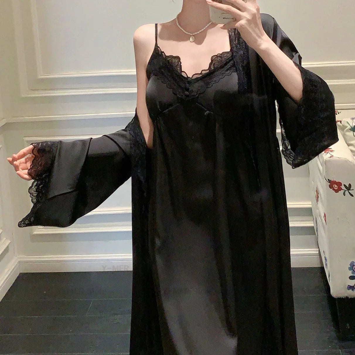 2025New Long Sweet Blue Robe Set Women Elegant Bathrobe Rayon Kimono Sexy Lace Floral Home Dressing Gown Princess Loungewear
