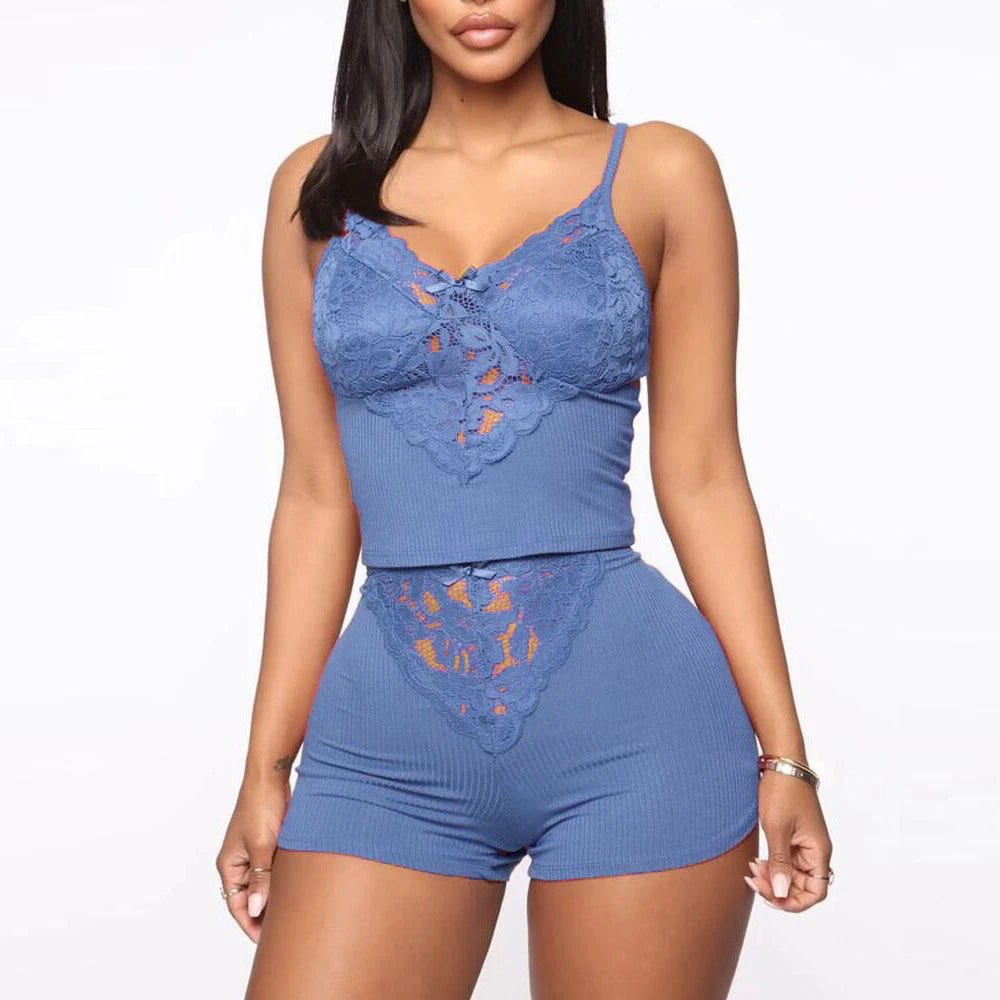 Ladies Summer Pajamas Two Pieces Sexy Pajamas For Women Suspenders Lace Camis And Short Pajamas Set V Neck Home Clothing Suit