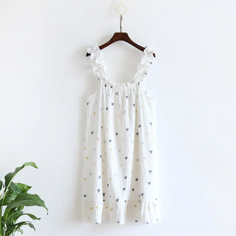 2026 new women's summer cotton yarn, pure cotton suspender sleepwear loose medium to long sweet and cute long skirt home wear