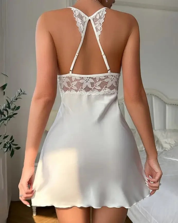 new fashion 2025 casual Satin Floral Embroidery Mesh Patchwork V-Neck Spaghetti Strap Mini Nightgown Sexy Babydoll