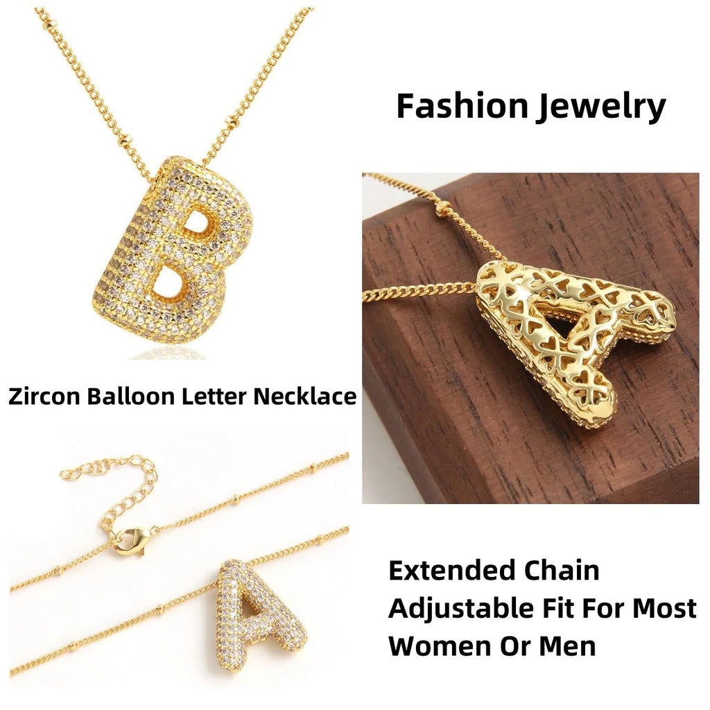 MHS.SUN Gold Plated Balloon 26 Letter Necklaces Copper Zircon Bubble Initial Pendant Chunky Women Personality Chain Jewelry