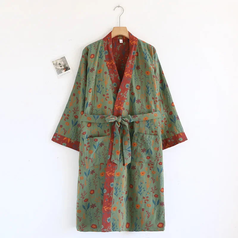 Spring Summer Yukata Print Flower Cotton Robe Sleepwear Female Japanese Retro Kimono Bathrobe Loose Casual Home Dressing Gown