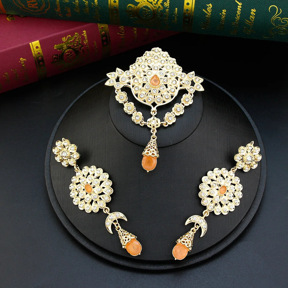 Sunspicems Moroccan Jewelry Sets For Women Gold Color Caftan Waist Chain Belt Orange Bead Choker Necklace Drop Earring Brooch