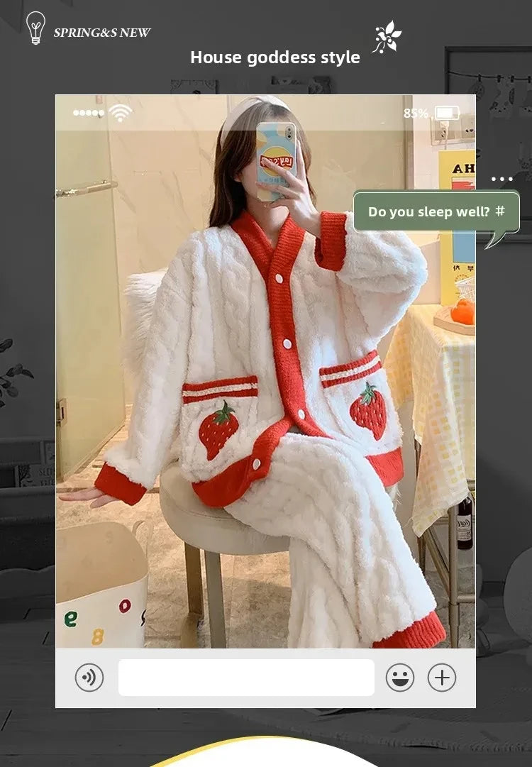 Pyjama épais en flanelle et velours corail fraise, vêtements de maison pour femmes, ensemble de vêtements de nuit à col en v, sa