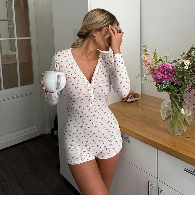 Women's Sexy Floral Print Jumpsuit Long-Sleeve V-Neck Onesie Soft Bodysuit Ideal For Sleeping And Lounging Relaxed Fit Pyjamas