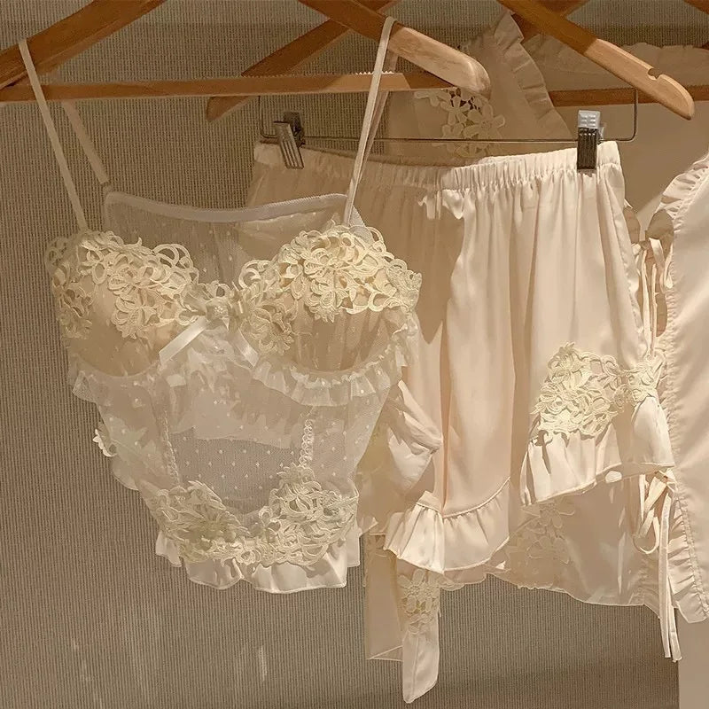 Palace Vintage Embroider Lace Floral Pajamas Set Sexy Sleepwear Satin Cami Top Shorts Pants Pijama Mujer Summer New Lingerie