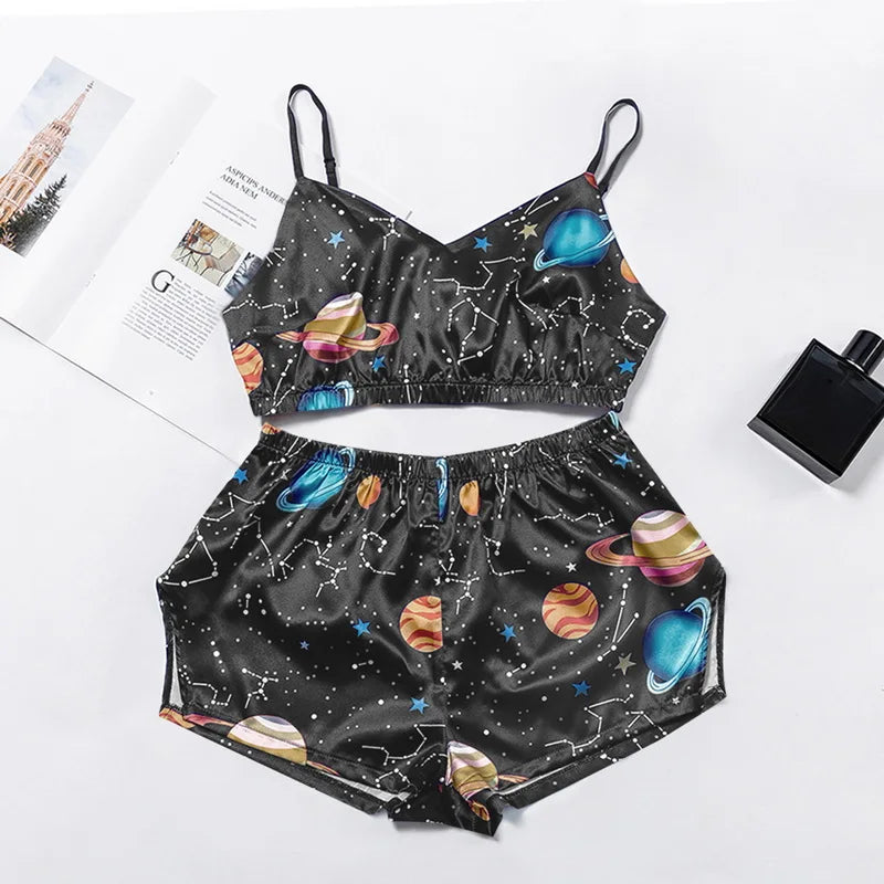 Cute Summer 2 Piece Set Women's Sexy Sleepwear Casual Satin Pajamas Female Cartoon Print Sleeveless Nightwear Homewear