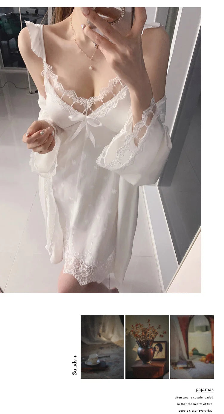 Bride Wedding Dress Set Dot Lace Flower Nightgown Lady White 2Pcs Nighty&dress Suit Sleepwear Satin Loungewear Kimono Bathrobe