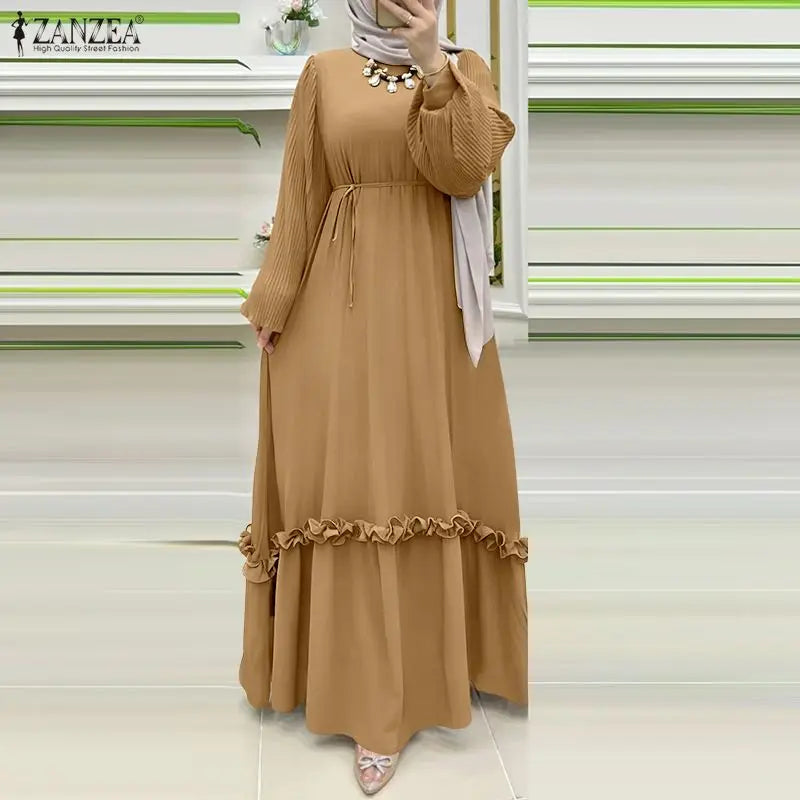 ZANZEA Modest Hijabs Abaya Long Dresses Women Muslim Ramadan O-Neck Pleated Lantern Sleeve Solid Color Ruffles A-Line Robes 3XL
