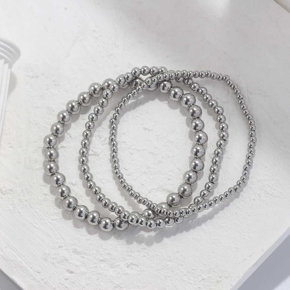 3Pcs/Set 18K Gold Plated Stainless Steel Beaded Bracelets For Women Trendy Jewelry Cuff Metal Beads Gift