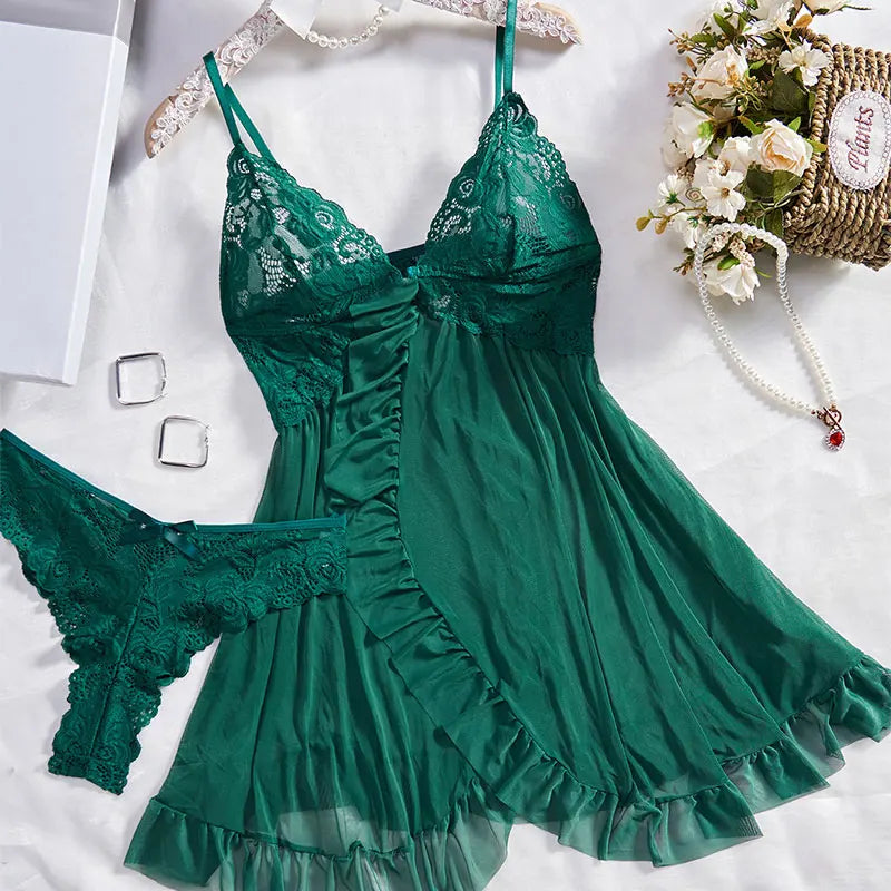 Transparent Ultra-short Dress Sexy Lingerie Lightweight Deep V Sling Nighty Loungewear Women's Pajamas Lace Nightdress Female