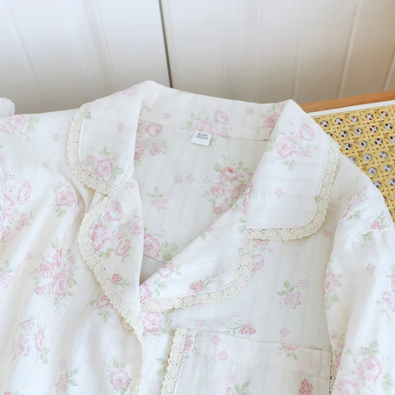 2026 New Spring/Summer Women's Pajama Set 100%Cotton Gauze Fresh Flower Collar Long Sleeve Two Piece Set Thin Loose Home Clothes
