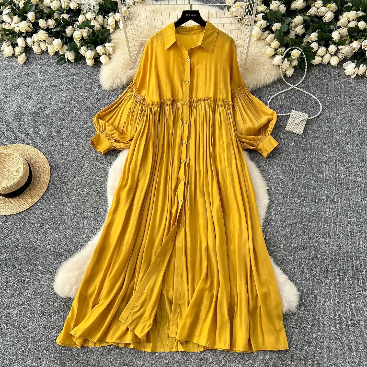Pleated Dress Women Long Dresses A Line Vestidos Streetwear Lantern Sleeve Elegant Splice Y2k Single Breasted Loose Summer 2025