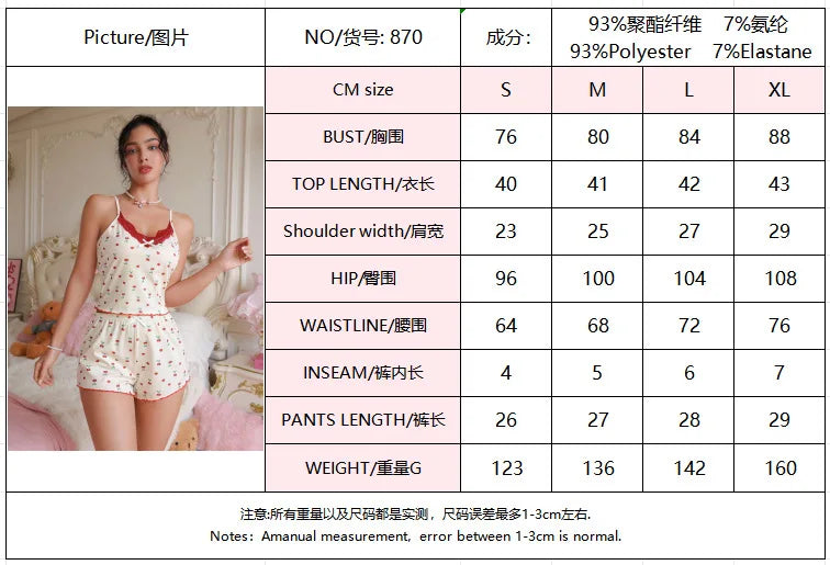 Women's Cute Cherry Print Pajamas 2 Piece Lace Trim Bow V Neck Crop Top and Shorts Lounge Sets Sleepwear