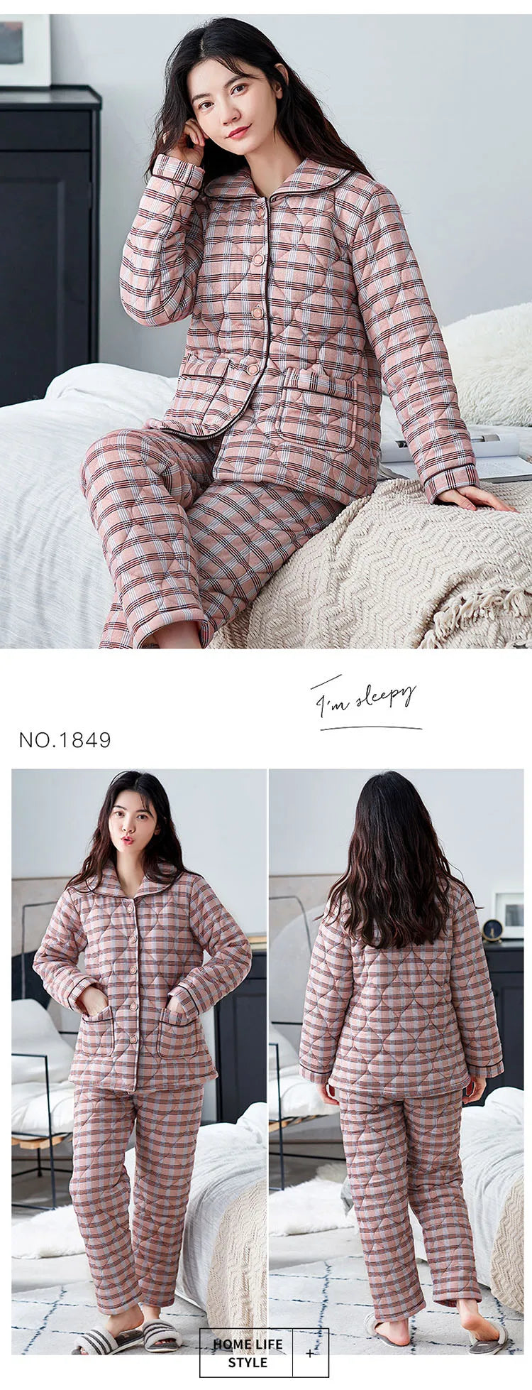 Winter three layer thick keep warm quilted jacket women's pajamas floral pijamas inverno M-XXXL sleepwear
