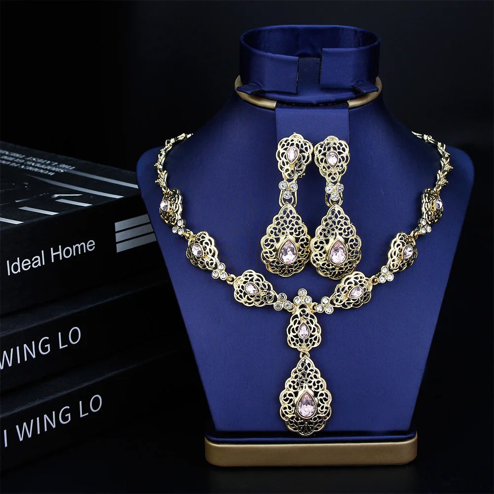 Sunspicems Moroccco Women Jewelry Set Gold Color Crystal Necklace Earring Set Algeria Wedding Jewelry Bride Drop Earring Choker