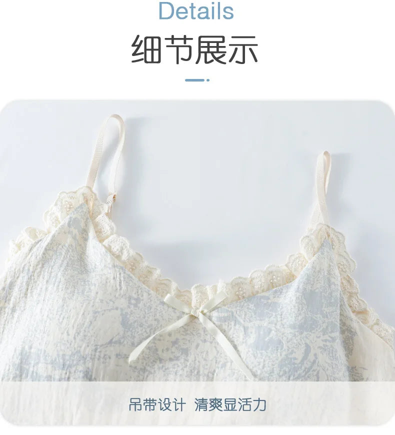 Summer Women Sleeveless Nightdress With Chest Pad Femme Knited Cotton Nightwear Floral Sling Sleepdress