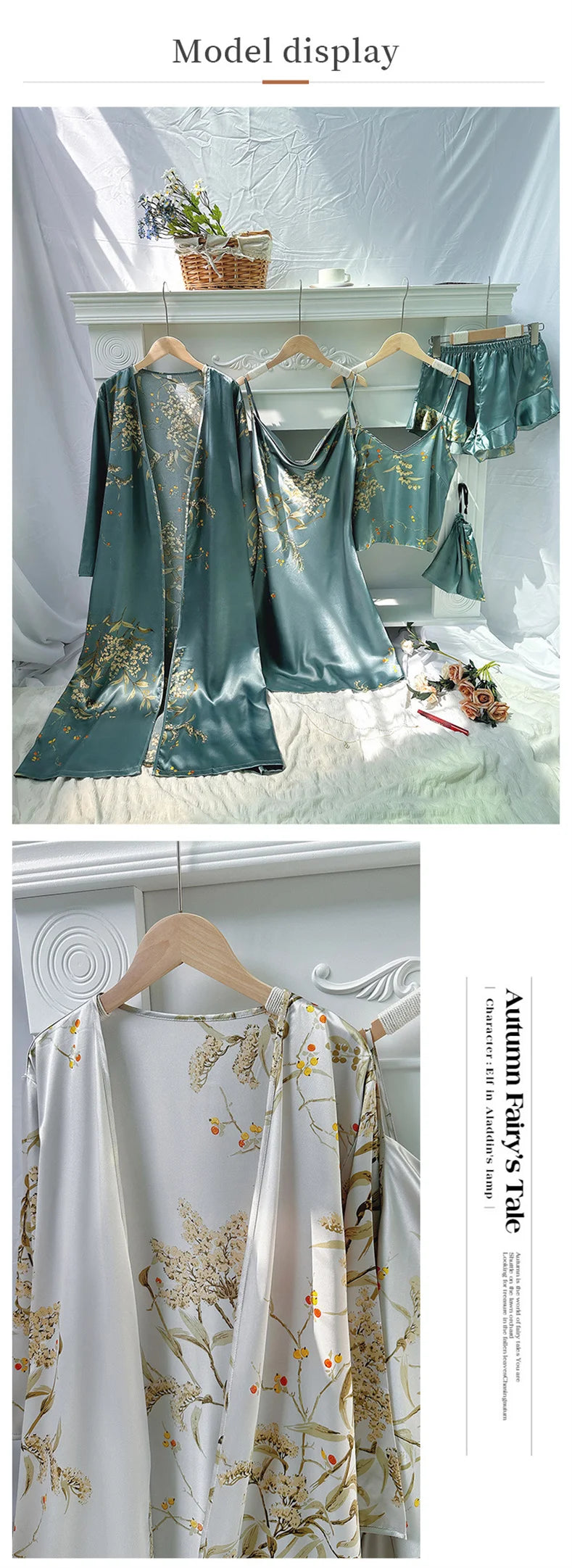 Elegant Print Flower Pajamas 5 Piece Set Women Casual Kimono Bathrobe Gown Sexy Silky Rayon Nightgown Loose Home Clothes