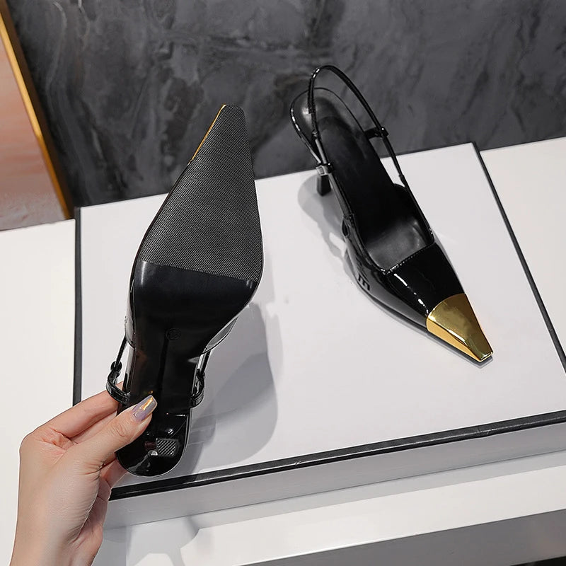 New Summer Women's High-heeled Sandals Gold Iron Head Patent Leather Black Stiletto Square Head Closed Toe Sling Back Shoes
