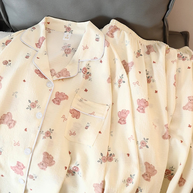 Women's Pajamas Set Y2K Cartoon Bear Flower Print Autumn Pajamas for Women Kawaii New Harajuku Style Casual Homewear Sleepwear