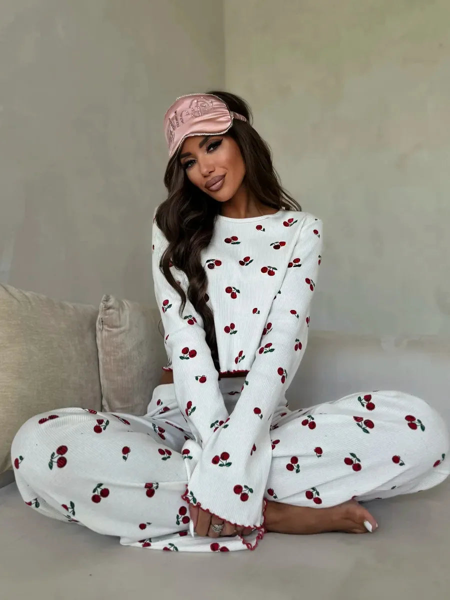 Autumn Winter Pajama Set Women 2pcs Y2K-Style Cherry Print Cuffed-Long-Sleeve Tops and Long Trousers Sleepwear Homewear